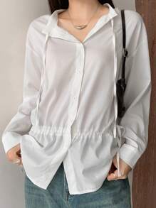 DAZY Camisa de mujer de manga larga con cordón y diseño sencillo, ropa de mujer de otoño - Blanco - Ver 1