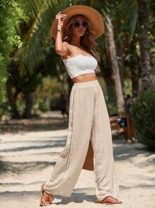 Swim Vcay 女士夏季服装女士夏季海滩度假休闲纯色罩衫裤套装 - 杏色 - 查看 7