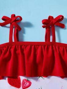 SHEIN Baby Girl Strawberry Pattern Ruffled Swimsuit & Hat Set, Cute Knitted Summer - Red and White - View 5