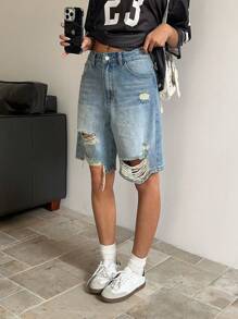 SHEIN ICON 女士牛仔百慕大短裤，休闲破洞工装百慕大短裤，蓝色，夏季服装，女士春季服装，女士沙滩装，女士早午餐装，女士牛仔装 Y2k 女士服装 - 藍色 - 查看 6