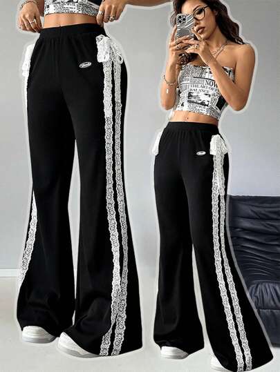 SHEIN EZwear 女士春夏适合约会之夜和外出街头装蝴蝶结蕾丝装饰弹力喇叭裤