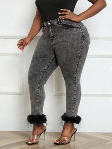 SHEIN EZwear Plus Fuzzy Trim Skinny Jeans - Black - View 4