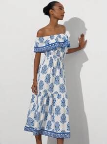 Aveloria Modichic Vestido largo tipo A elegante de vacaciones con estampado vintage, corte de cintura marcado, hombros con volantes y contraste de color azul para mujeres
