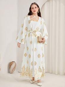 SHEIN 少女编织金色印花吊带连衣裙套装，带花卉图案服装，传统服装，白色和金色两件套 - 白色 - 查看 5