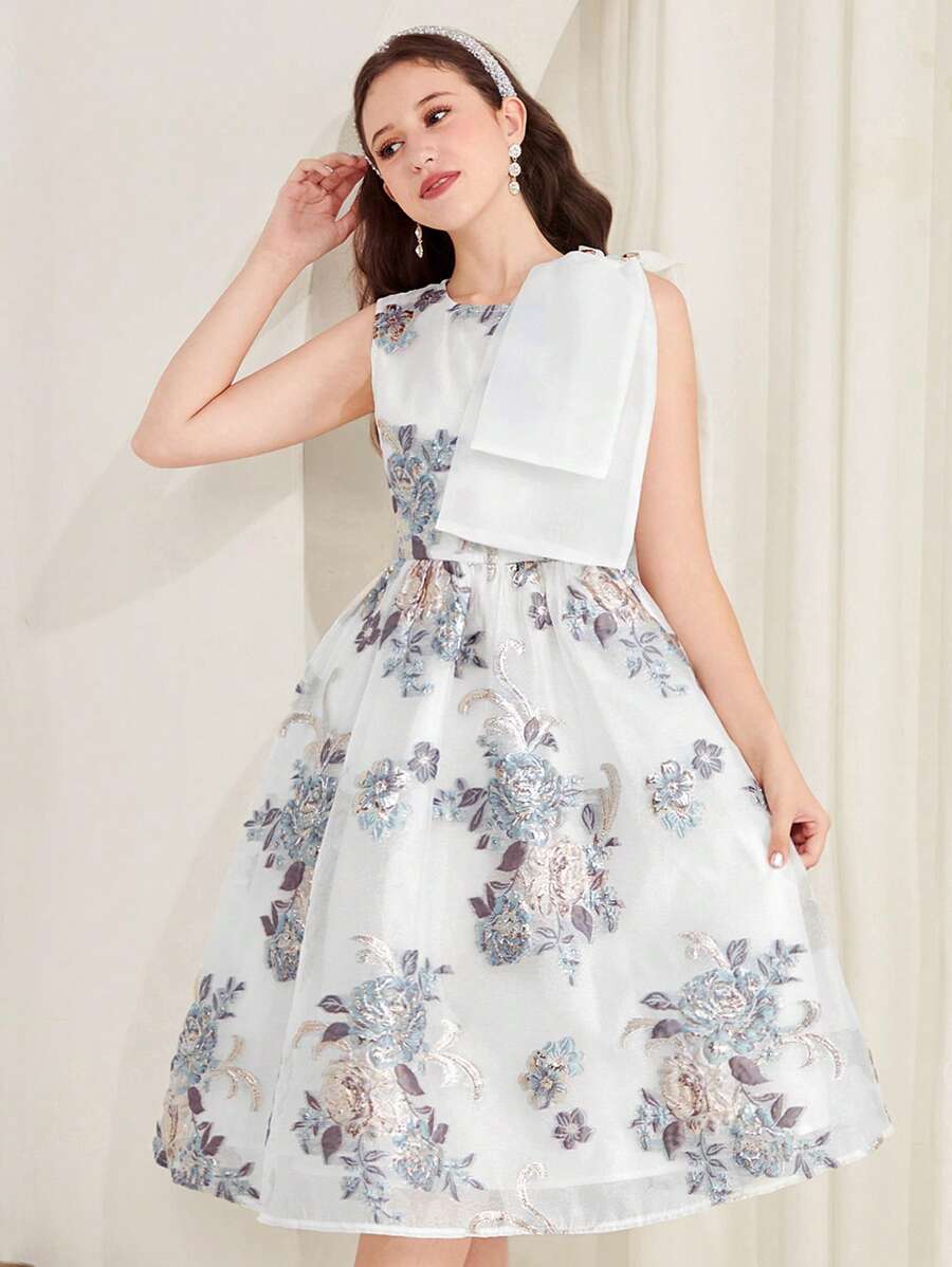 SHEIN 少女白色和银色闪光薄纱网眼荷叶边蝴蝶结装饰长款公主裙、正式派对舞会礼服 - 白色 - 查看 1