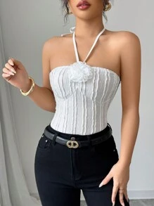 Chiquease Pure Sensuality Halter Neck Lace-Up Sexy 3D Floral Textured Bodysuit