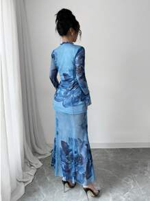 Elenzga Women Vacation Chic Elegant Fashion Charming Flare Sleeve V-Neck Tie Waist Side Slit Fitted Floral Print Dress (Random Print)