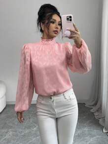 Elenzga Women Elegant Commuter & Vacation Floral Jacquard Loose Chiffon Blouse, Long Sleeve Round Neck, Solid Color (Random Printed) Fall Cloth For Women