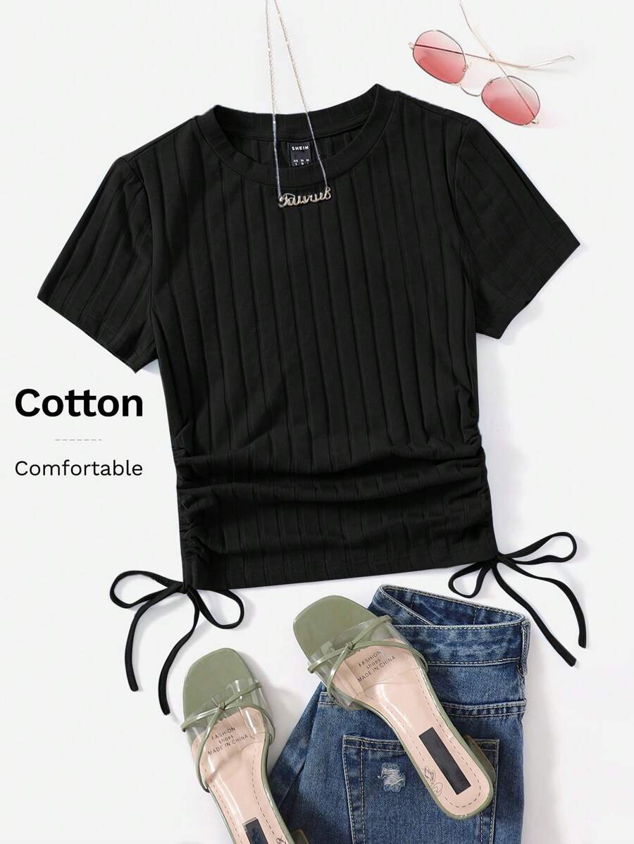 SHEIN EZwear Top côtelé avec cordon - Noir - Voir 1