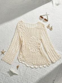 SHEIN MOD Apricot Crochet Beach Cover Up Top For Women, For Summer Vacation,Country Concert, Holiday, Vacation Woman, Festival - Apricot - View 2