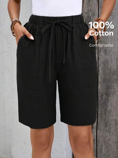 EMERY ROSE Linen Bermuda Shorts, Linen Solid Color Knee-Length Shorts With Side Pockets, High Waist And Loose Fit, Fashion Basics