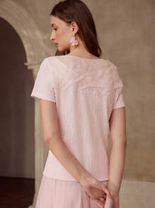 MOTF APPLIQUES CONTRAST MESH SHORT SLEEVE T-SHIRT - Pink - View 5