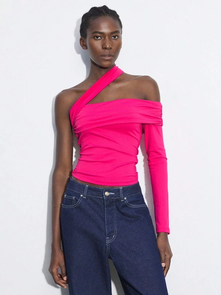 SHEIN Maija Women's Rose Red Solid Oblique Shoulder Asymmetric Neck Ruched Spring Summer Fashionable Blouse, Charming For Daily, Party, Anniversary