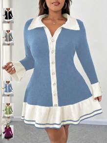 SHEIN Unity Vestido de punto de talla grande para mujer con contraste de color, dobladillo con volantes y decoración de botones, elegante vestido largo para otoño/invierno - Celeste - Ver 1