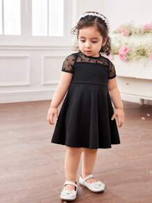 Baby Girl Fern Glow Polka Dot Knitted Mesh Snug Fit Long Sleeve Dress - Black - View 6