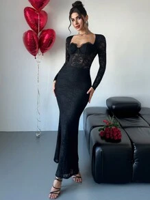 女士新款优雅蕾丝罩杯性感长裙、情人节、紧身胸衣上衣、度假装，适合工作、日常、约会、婚礼、节日、日常 - 黑色 - 查看 3