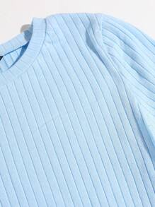 SHEIN EZwear Solid Lettuce Trim Rib-knit Tee - Baby Blue - View 4