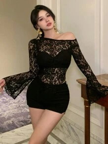DAZY Women Asymmetric Shoulder Cut-Out Sheer Lace Mesh Blouse,Ruffle