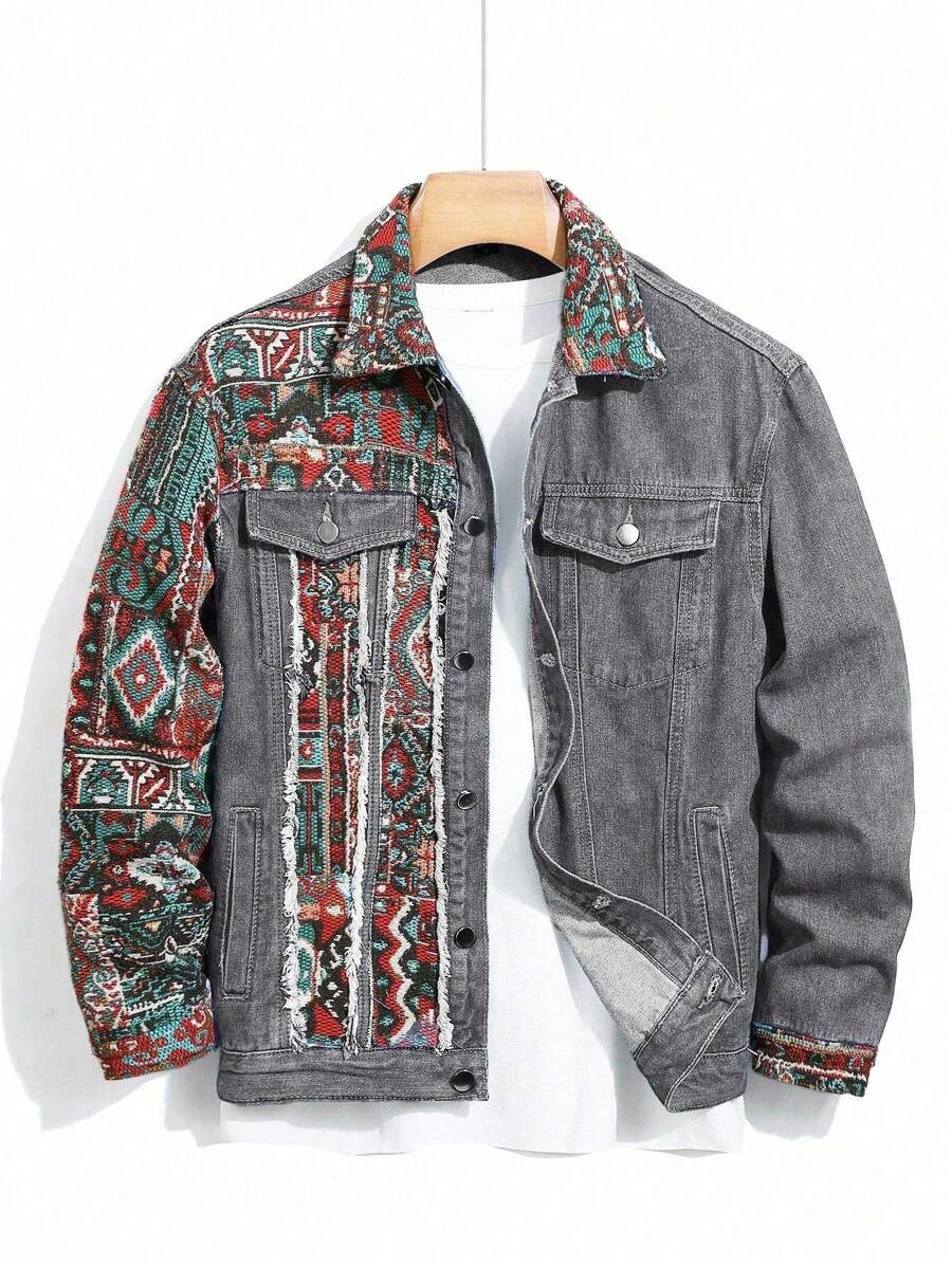 Manfinity Hypemode Men's Front Button Long Sleeve Pocket Casual Loose Denim Jacket - Grey - View 1