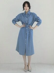 DAZY Women's Front Button Down Long Sleeve Pocket Waisted Loose Denim Dress - Blue - View 6