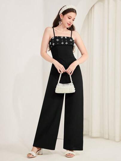 SHEIN Leap Crew 少女优雅黑色奢华珍珠宽腿连体裤，春夏秋冬，连体裤，户外，感恩节，返校节，万圣节，圣诞节