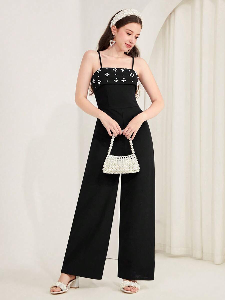 SHEIN Leap Crew 少女优雅黑色奢华珍珠宽腿连体裤，春夏秋冬，连体裤，户外，感恩节，返校节，万圣节，圣诞节 - 黑色 - 查看 1