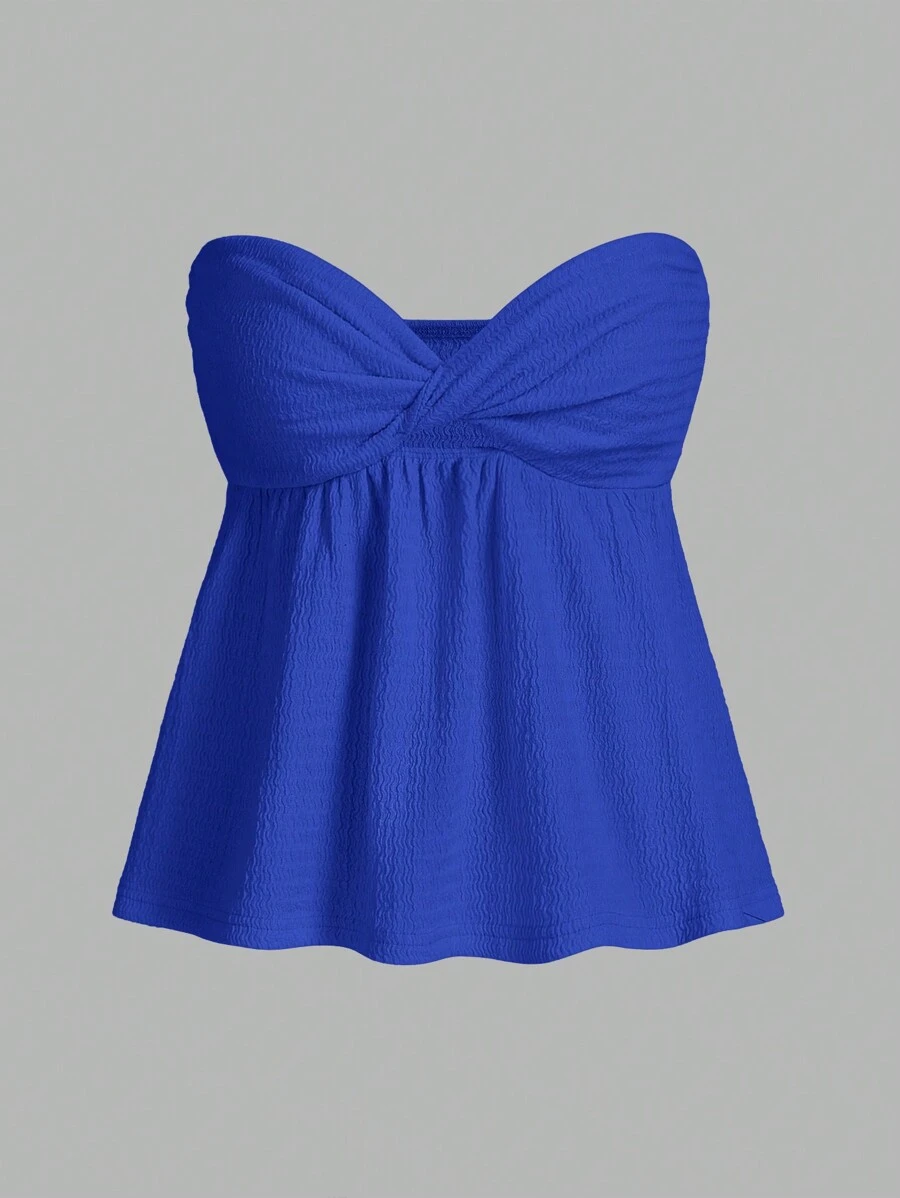 SHEIN EZwear 孔眼刺绣扭纹前开衩抹胸白色上衣 - 寶藍色 - 查看 1