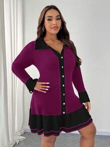 SHEIN Unity Plus Size Women Knitted Colorblock Sweater Dress With Ruffle Hem Button Decor, Elegant For Autumn/Winter - Purple - View 6