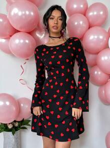 SHEIN Essnce Women's Heart Print Round Neck Bell Sleeve Cute Mini Dress For Valentine's Day
