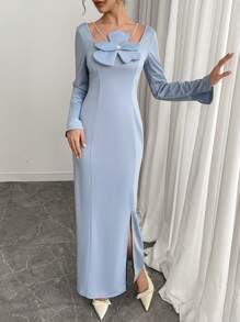 Modelyn Women's Elegant Solid Color 3D Floral Decor Long Sleeve Dress - Blue - View 7