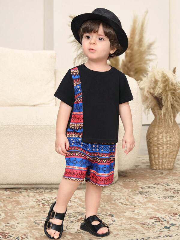 SHEIN 2pcs/Set Baby Boy Summer Casual Geometric Print Short Sleeve Top And Shorts Set, Suitable For Birthday Party, Casual, Party, Performance, Wedding, And 1st Birthday Celebration