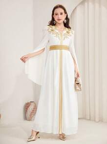 SHEIN Teen Girls Elegant Long Chiffon Dress With V-Neck, Flare Sleeves, Cinched Waist Belt, Slit, Luxurious & Glamorous, Suitable For Eid And National Day Festivals