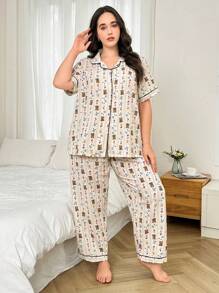 浪漫可爱小熊与花卉印花荷叶边领开襟加大码睡衣套装