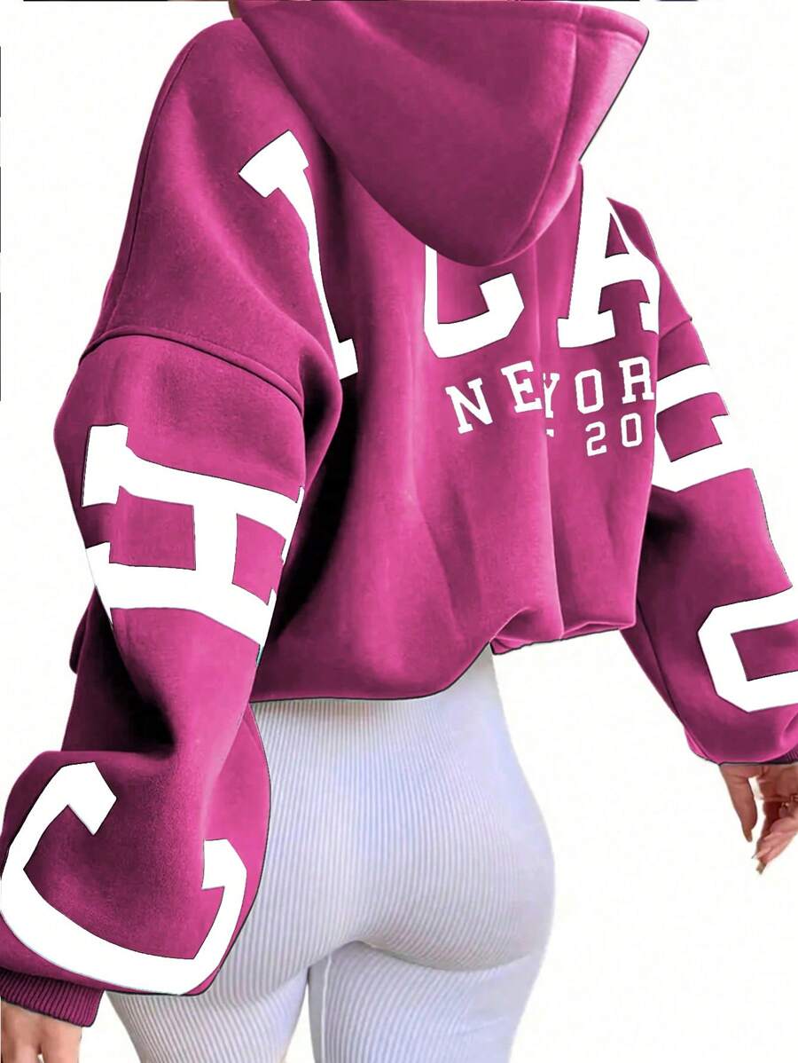 SHEIN EZwear 女士休闲连帽运动衫，简约时尚日常穿着，毕业典礼，教师，返校套头衫秋季 - 玫紅色 - 查看 1
