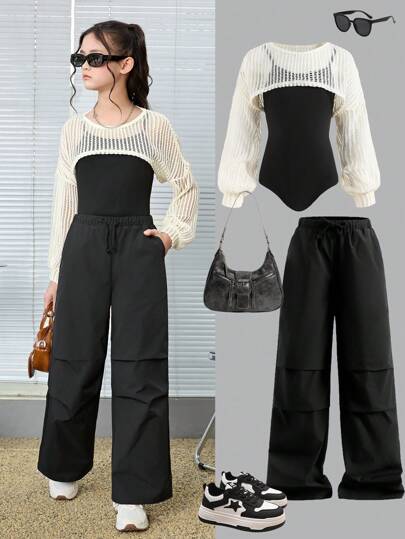 SHEIN Conjunto de 3 piezas para niña preadolescente, negro albaricoque, para otoño e invierno, informal y versátil, estilo callejero, a juego padre-hijo, para el regreso a clases, con top de punto calado de unicolor, body con tirantes y pantalón informal, estilo y2k