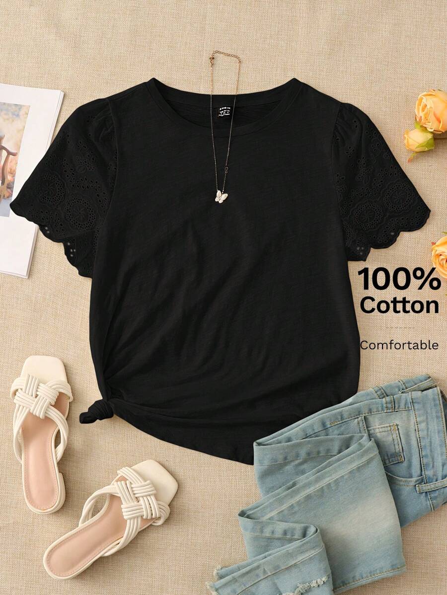 EMERY ROSE Camiseta con bordado con ojal de manga farol - Negro - Ver 1