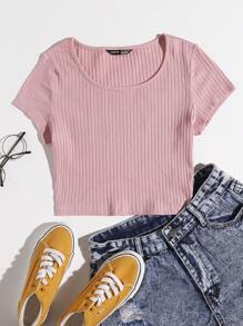 SHEIN EZwear Áo thun Gân đan màu trơn Giải trí - Màu Hồng baby - Xem 6