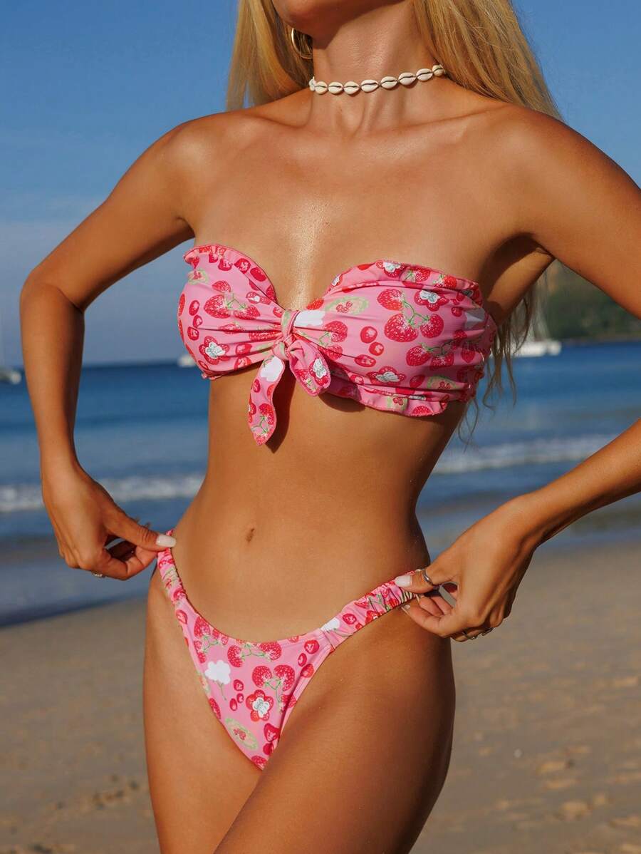 Swim Mod Springbreak Women Random Print Bandeau Tie Front Pleat Edge Cute 2Pcs Bikini Set, Festival Boho For Summer Beach Vacation - Pink - View 1