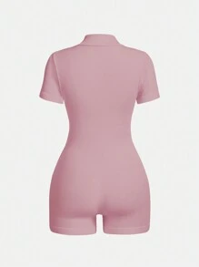 Ribbed Knit Jumpsuit With Half Zip - Rosa - View 2