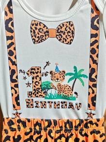 SHEIN Bộ áo liền quần cho bé trai 1 tuổi, kiểu dáng thường ngày, dễ thương, in hình động vật hoạt hình báo đốm, in khẩu hiệu sinh nhật, chất liệu vải dệt kim mềm mại, thích hợp chụp ảnh kỷ niệm sinh nhật, mùa xuân/hè. - trái cam - Xem 3