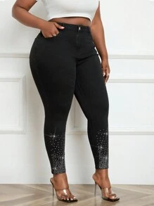 SHEIN Lady Plus Size Women Jeans Sexy Skinny Stretch Jeans Pants Hot Rhinestone Black Trousers Fall Clothes Fall Clothes Curve Women Jeggings Women Dress Pants Jeans Pants - Black - View 4