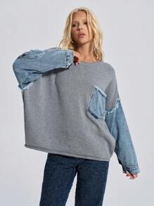 CasuGlow Casual Streetwear Grey Sweatshirt With Denim Patchwork Sleeves And Pocket Detail Everyday Night Out Autumn - Grey - View 4