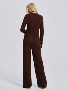 RueChic Women's Brown Ribbed Knit Long-Sleeve V-Neck Top And High-Waisted Pants Set With Front Drawstring Tie Detail - Brown - View 2