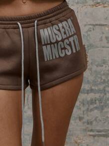MUSERA 标语印花抽绳修身运动短裤，度假夏季时尚优雅休闲款 - 咖啡棕 - 查看 5