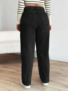 EURMUSE Cottnline Mom Fit Plus Jeans With Snow Wash, - Black - View 2