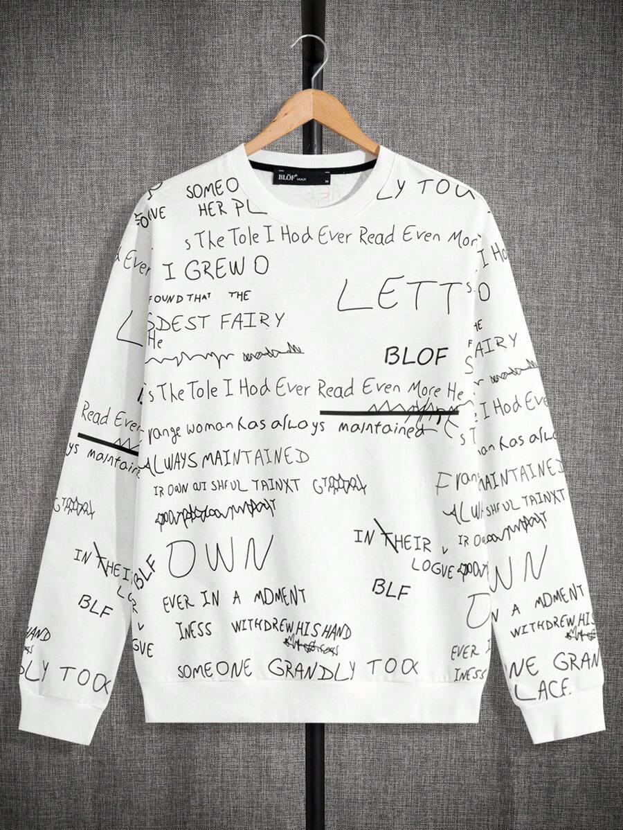 RueChic Men Special Letter Printed Crew Neck Regular Sweatshirt - Black and White - View 1