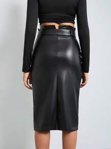 EURMUSE PU Leather Belted Slit Detailed Midi Skirt - Black - View 2