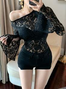 DAZY Women Asymmetric Shoulder Cut-Out Sheer Lace Mesh Blouse,Ruffle