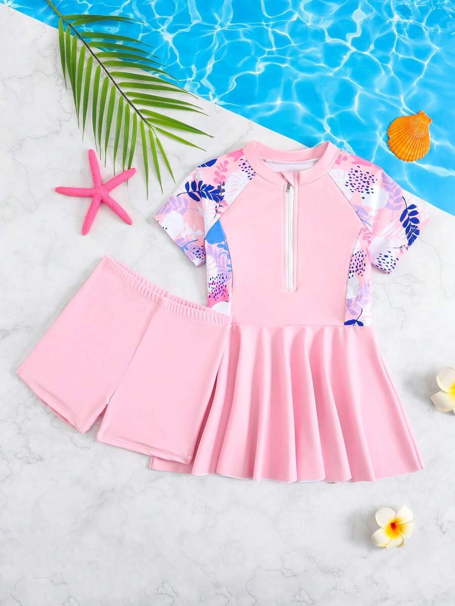 2 件套少女热带海滩植物印花荷叶边比基尼，适合学校游泳课、水上运动、海滩度假