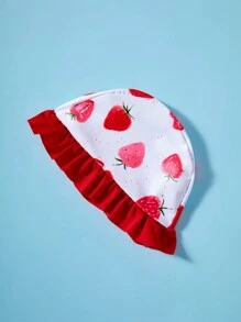 SHEIN Baby Girl Strawberry Pattern Ruffled Swimsuit & Hat Set, Cute Knitted Summer - Red and White - View 6